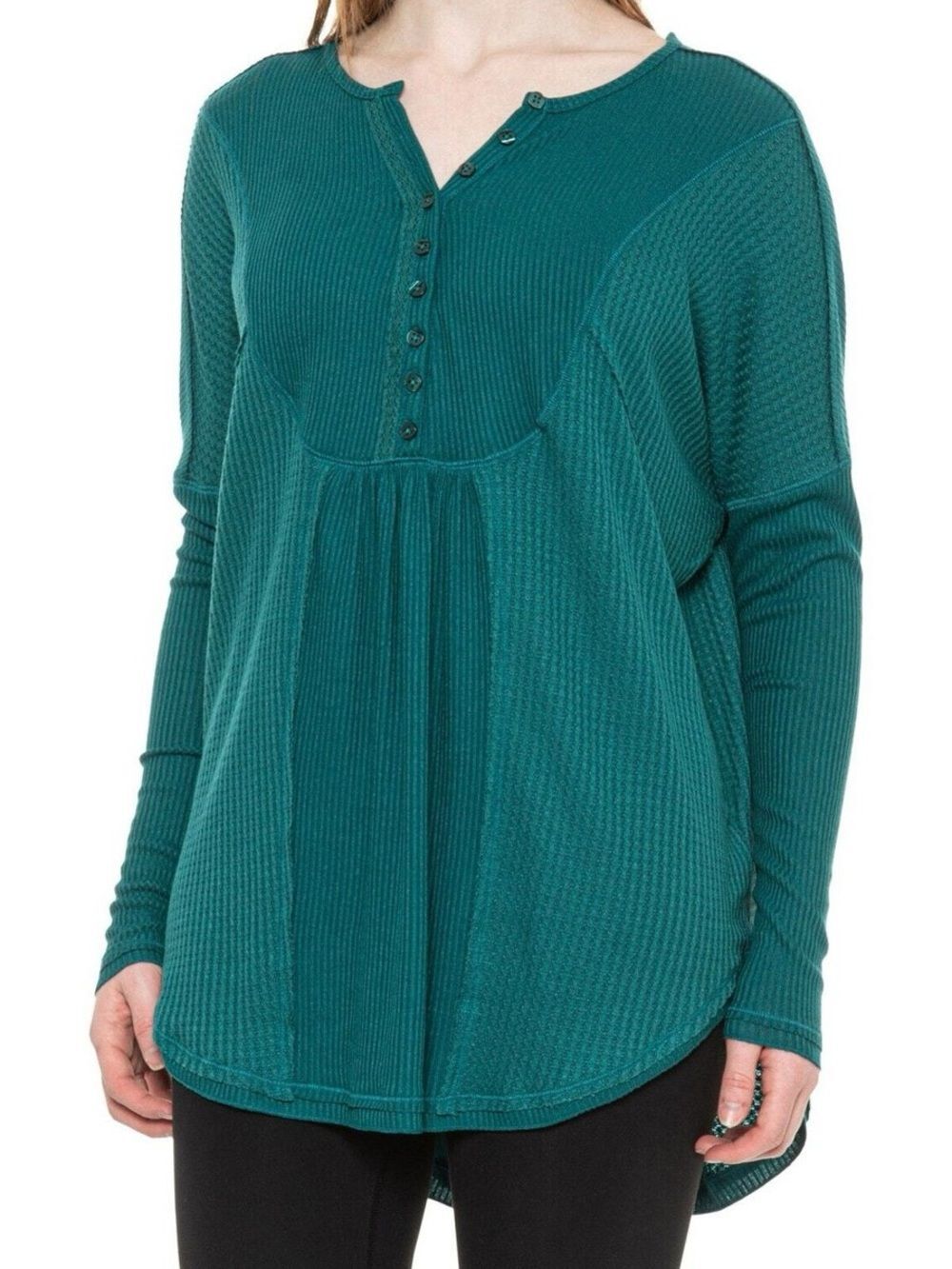 Free People Leo Oversized Waffle Knit Henley Tunic Teal Medium Boho